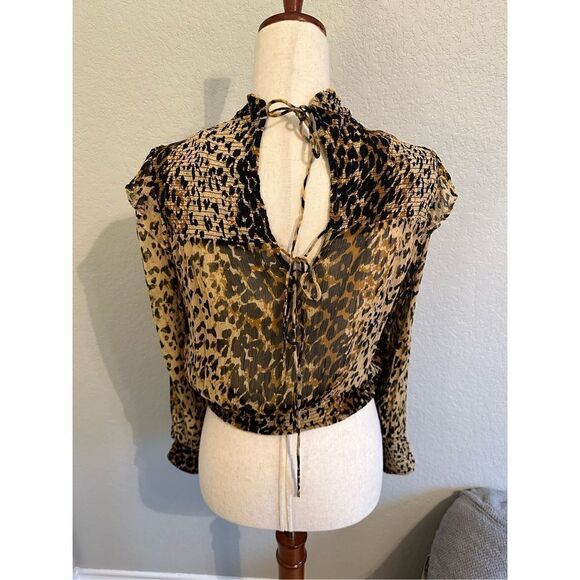 Free People Leopard Roma Mock Neck Tie Detail Smocked Top Size Small OB1069086 - Picture 2 of 11